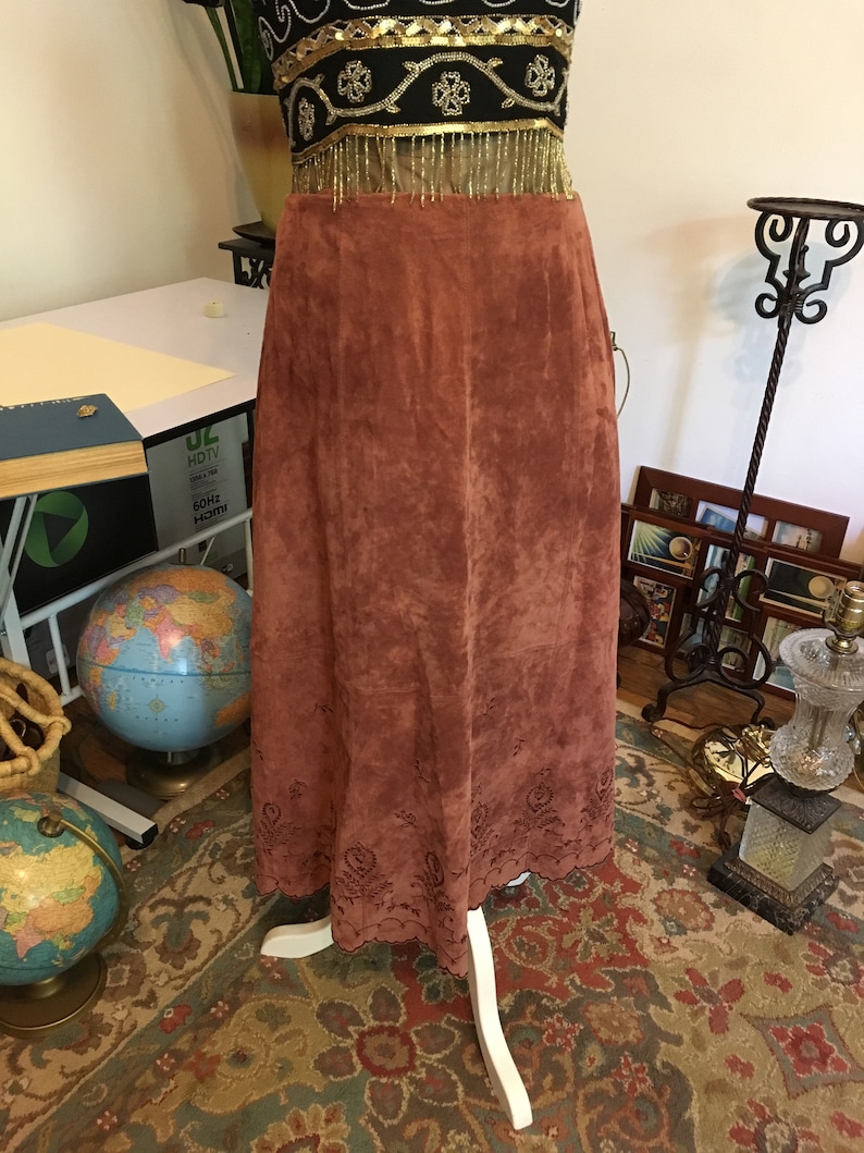 Suede Skirt//Size 10// Size 10P// Coldwater Creek //Brown suede skirt//Embroidered Skirt//Long suede skirt image 2