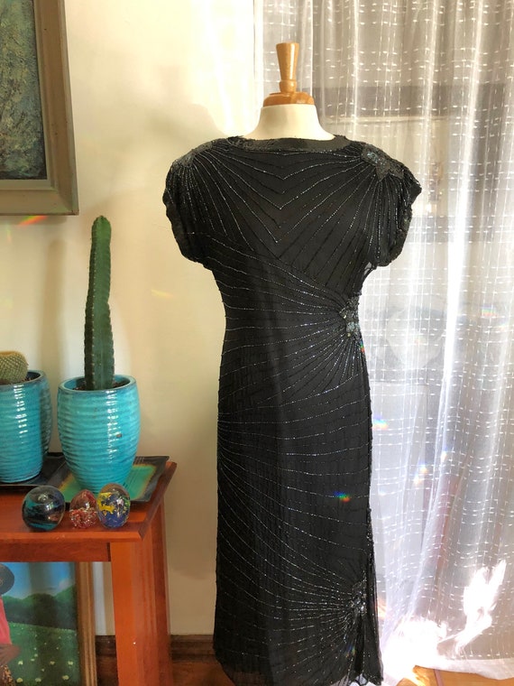 size 10 12 heavily beaded chiffon evening dress 80 beaded black silk cocktail dress