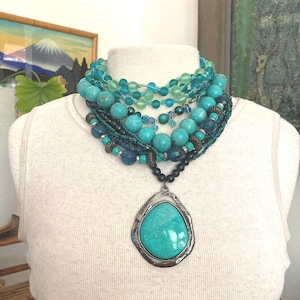 4 - Necklace Stack- Blues, Greens - J Jill Necklace  - Cluttercore - Maximalist Jewelry - Iris apfel