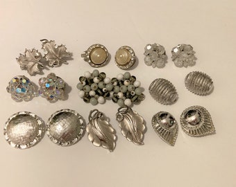 9Prs/ 50s Earrings/ Cluster earrings lot/ Silver & Crystal/ Clip on earrings/ Whiting and Davis /Crown Trifari earrings
