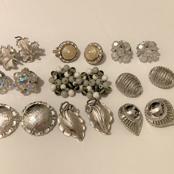 9Prs/ 50s Earrings/ Cluster earrings lot/ Silver & Crystal/ Clip on earrings/ Whiting and Davis /Crown Trifari earrings