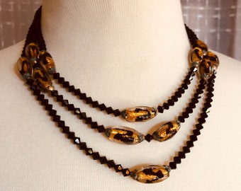 Murano Glass Necklace, 24-carat gold leaf, Lampwork Beads, gold foil beads,Swarovski Black Crystal Beads, 50s Necklace