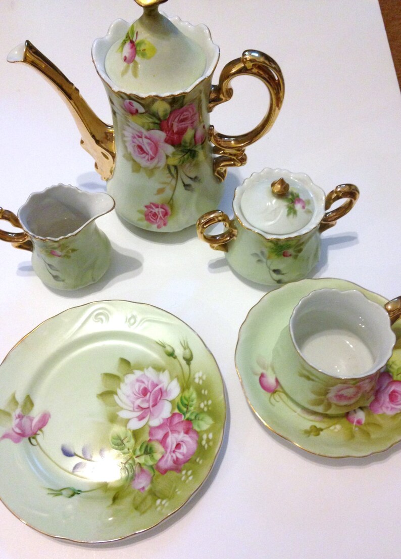 Lefton China // Green Heritage Rose // Tea Service // for 8 // Etsy