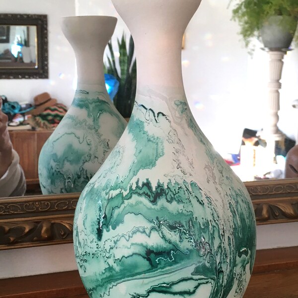 Nemadji Pottery //LARGE // Green //Swirl //Vase