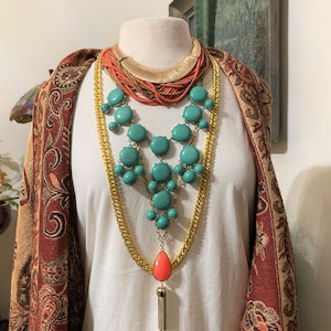 5/Layered Necklaces/Stacked Necklaces/BLue and Orange /Boho Necklace/ Iris Apfel / Neck Mess /Curated by Potion
