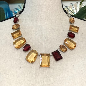 Crystal Necklace -  Bib Necklace -  Red & Topaz Rhinestones