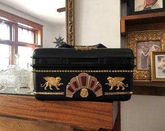 Cleopatra Train Case, Vintage Train Case w/ Key, Egyptian, Black Train Case, KNOW WHERE FAST, Handcrafted by Potion