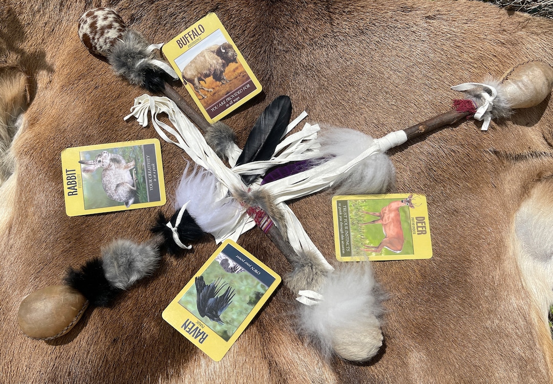 SALE Shamanic Rattles Deer, Cow Hide, Decorated With Fur, Leather & Tassels Medicine Rattle