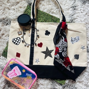 Custom Tote Bag Aesthetic Set | Personalized Bag with Patches, Scarf & Accessories | Trendy Gift for Women Y2K