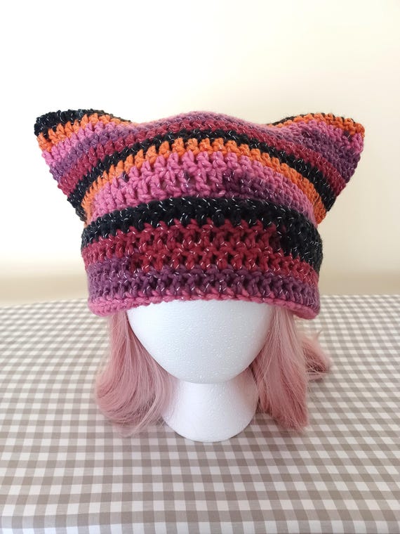 Sparkly Halloween Crochet Cat Ear Beanie: Pink, Purple  display picture 3