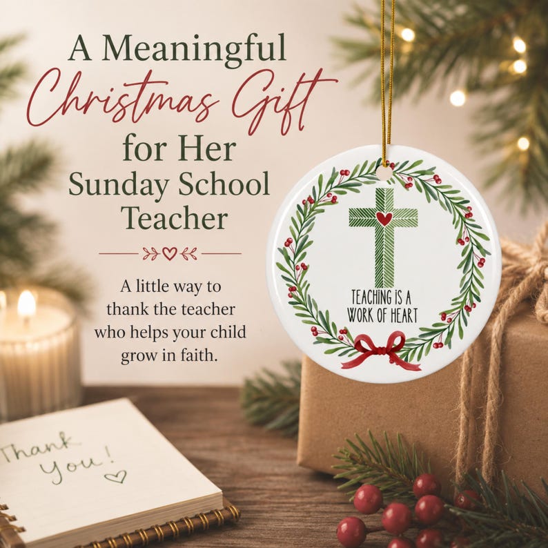 May include: A round white ceramic ornament featuring a green cross with a small red heart at its center, surrounded by a wreath of green leaves and red berries. A red ribbon bow is at the bottom, with the text "TEACHING IS A WORK OF HEART" below the cross.
