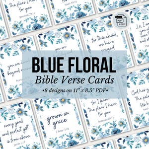 Digitale blaue Blumen-Bibel-Vers-Lernkarten, vom Glauben inspirierte Braut- / Babyparty-druckbare Schriftkarte, christliche Geburtstags-Gastgeschenke