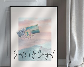 Surf's Up Cowgirl Posters, Coastal Aesthetic, Coastal Cowgirl Beach House Decor, Summer Gallery Art, Surfing Accent Wall, Pink Beachy Prints