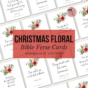 Puede incluir: Tarjetas de versículos bíblicos florales navideñas con ocho diseños, cada una con un arreglo floral con flores de pascua rojas, hojas verdes y detalles dorados. Las tarjetas incluyen versículos bíblicos y son PDF de 27,9 cm x 21,6 cm.