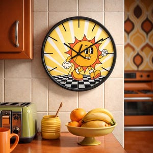 Sun Wall Clock, Sunshine Kitchen Aesthetic, Ray of Sunshine Here Comes the Sun Decor, Funky Retro Checkered Clock, You Are My Sunshine Gift