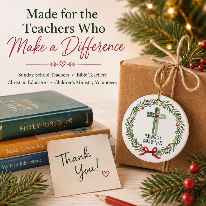May include: A round white ceramic ornament featuring a green plaid cross, a red heart, and a wreath of holly leaves with the text "Teaching is a Work of Heart". The ornament is tied with a gold string to a brown gift box next to a stack of Bibles.