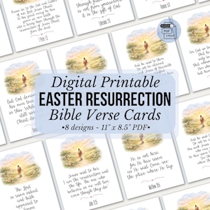May include: Digital printable Easter Resurrection Bible verse cards. The cards feature eight designs, each with a Bible verse and an image of Jesus. The cards are 11 x 8.5 inches and in PDF format.