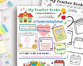 May include: A printable worksheet for students to fill out about their teacher. The worksheet features a schoolhouse, a teacher, and a book. The text on the worksheet says "My Teacher Rocks" and "My Teacher is the Best Because..."