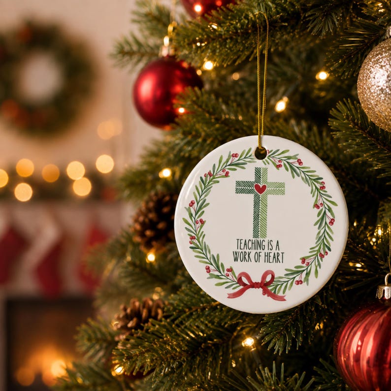 May include: A round white ceramic ornament hanging by a gold string. The ornament features a green plaid cross with a small red heart at its center, surrounded by a green leafy wreath with red berries and a red bow, with the text Teaching is a work of heart.
