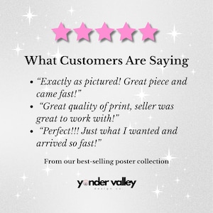 May include: A light gray background with pink star shapes and text that reads "What Customers Are Saying." The text includes customer reviews and the phrase "From our best-selling poster collection." The logo for "yonder valley design co." is also present.