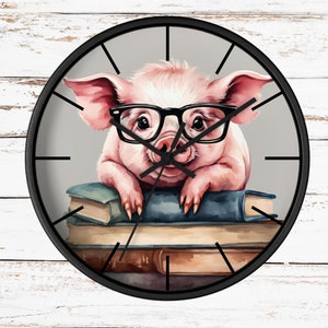 Pig Clock, Pig Glasses, Book Wall Clock, Pig Bathroom Decor, Pig Gift, Book Nerd Things, Farm Theme Gifts, Pig Nursery Decor, Pig Wall Clock