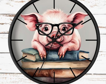 Pig Clock, Pig Glasses, Book Wall Clock, Pig Bathroom Decor, Pig Gift, Book Nerd Things, Farm Theme Gifts, Pig Nursery Decor, Pig Wall Clock