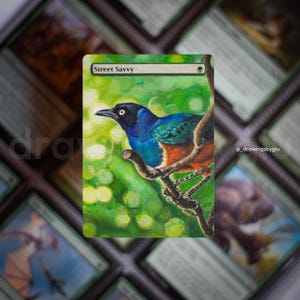 Carta alterada de MTG: Arte de pájaro pintado a mano: Estornino magnífico. Altar de Magic: The Gathering: Ave del Paraíso.