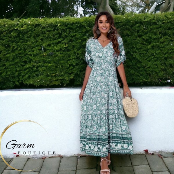 Wavlynn Grass Green Cotton Vacation Dress For Women V Neck Maxi With Printed Summer Floral Pattern And Optional Sash