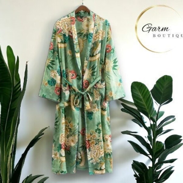 Long Green Floral Kimono | Floral Kimono Robe | Green Floral Kimono Gown | Ladies Outfit Cover Up | Bridesmaid Robe | Gift For Mom