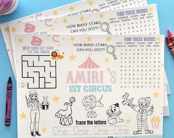Pastel Circus Theme Birthday Party Activity Coloring Sheets for Kids, Circus, 1st Birthday Party Decorations, Carnival Theme