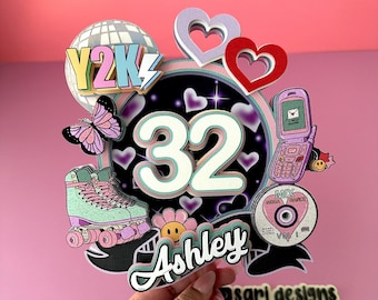 Taarttopper met Y2K-thema uit de jaren 2000, retro verjaardagsfeestdecoratie