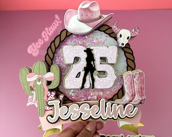 Roze Coquette Cowgirl Western thema taarttopper, Vaquera Disco girly cowgirl feestdecoraties