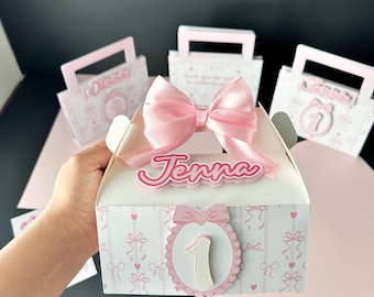 Coquette Bow verjaardagsfeest snoepdoosjes, puntzakdoosjes voor feestcadeautjes en traktaties, decoratie voor een eerste verjaardag, cadeaudoos met strikthema