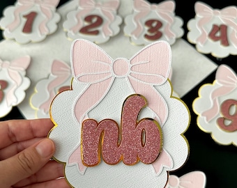 Roze Coquette mijlpaalbanner, fotobanner voor de verjaardag van 12 maanden, mijlpaalkaarten, babyherinneringen, decoraties voor het eerste verjaardagsfeestje, thema met strikjes