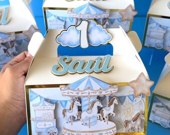 Snoepdoosjes met een blauwe carrousel-thema, doosjes met een puntdak voor feestcadeautjes en traktaties, eerste verjaardag, babyshower, feestdecoratie, cadeaubox met leuke spulletjes