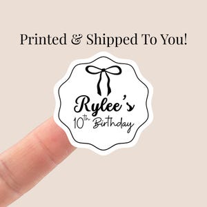 Black Bow Birthday Favor Sticker, Treat Bag Favor Label, Coquette Sticker Sheet, Personalized Party Tag,  Birthday Sticker Labels