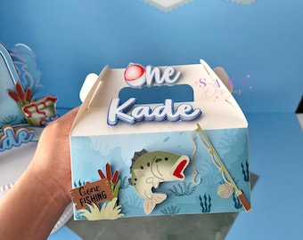 O Fish Ally One snoepdoosjes, doosjes met visthema voor de eerste verjaardag, doosjes met één vis als verjaardagstraktatie, snoepdoosjes, feestcadeautjes