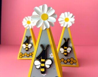 1st Birthday Bumble Bee Theme Party Custom Favor Boxes, Triangle Pyramid Candy Box, Happy Bee-Day