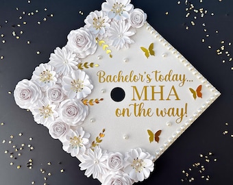 White and Gold Custom Graduation Cap Topper for Graduation with 3D flowers
