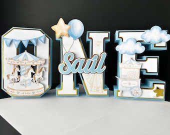 Blauwe carrousel 3D-letters voor verjaardagsfeestdecoratie, decoratie voor de snoeptafel, babyshower, carrouselthema decoratie, eerste verjaardag, éénjarige