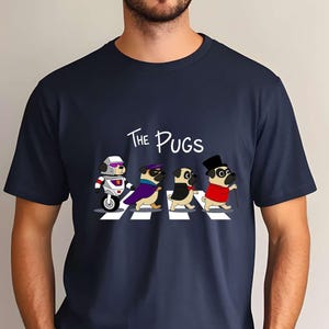 Funny Pug T Shirt for Men with Cartoon Dog Beatles Parody Graphic, Cute Novelty Dog Lover Tee Gift Idea, The Pugs Abbey Road Shirt