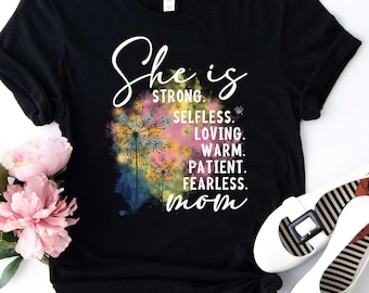 Moedershirt – aquarelbloemen, sterk, liefdevol, geduldig, onverschrokken mama-T-shirt