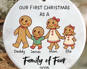 Personalized Gingerbread Family of Four Christmas Ornament with Names and Year