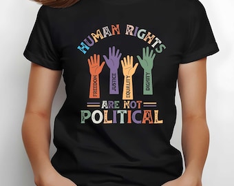 Retro T-shirt mensenrechten: afbeelding vrijheid, rechtvaardigheid, gelijkheid en waardigheid