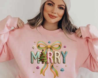 Merry Christmas Tree Bow Sweatshirt with Colorful Holiday Design