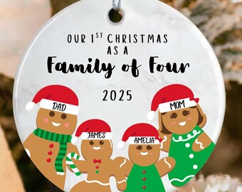 Personalized Gingerbread Family of Four Christmas Ornament with Names and Year