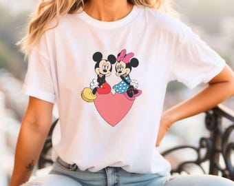 Mickey Minnie Mouse Valentijns-T-shirt Roze hart Grafisch Paar Cadeau Regular Fit ronde hals