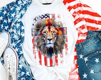 T-shirt Patriotic Lion Cross, christelijk T-shirt met Amerikaanse vlag