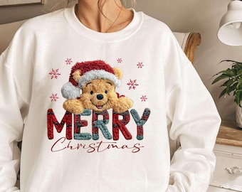 Winnie the Pooh Christmas Sweatshirt with Plaid Merry Text and Santa Hat