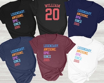Aangepast verjaardagsshirt, legendarisch epos sinds 2005, gepersonaliseerd T-shirt met naam